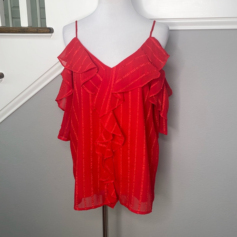 Entro Red Cold Shoulder Ruffle Top - Picture 2 of 7